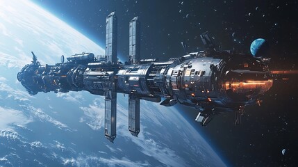 Obraz premium A futuristic spaceship flies past a planet in space.