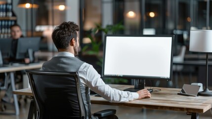 A man sits at a desk in front of a computer monitor
