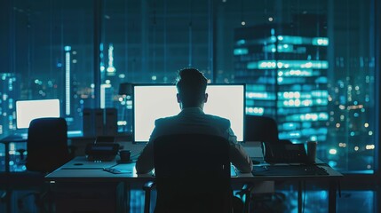 Fototapeta premium A man is sitting at a desk with two computer monitors in front of him