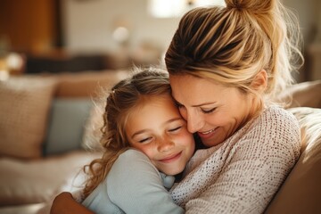 High-resolution brightly lit photorealistic candid photograph of a mother and daughter bonding together in a warm, inviting living room. The photograph has a light and bright feel, styled like a