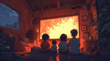 A family of four is sitting on the floor in front of a television