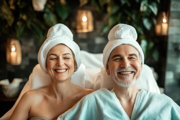 Obraz premium High-resolution brightly lit photorealistic photograph of a joyful senior couple smiling as they receive rejuvenating massages in a tranquil spa setting. The image exudes happiness, with a bright and