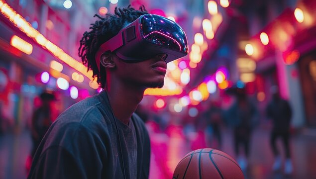 Man in VR Headset Holding Basketball