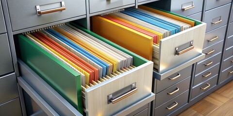 Store documents efficiently in labeled cabinets with organized drawers and inserts, ensuring easy access and retrieval.