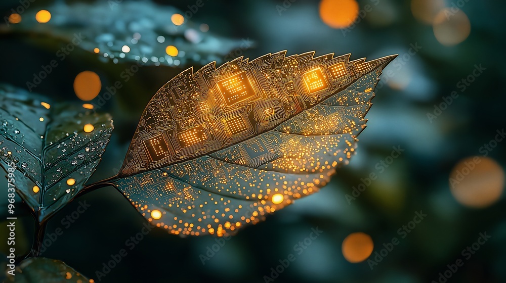 Wall mural Glowing Circuit Board Leaf on Branch