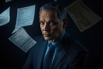 Fototapeta premium A distinguished executive in their 60s, elegantly dressed, gazing into the camera, with polished resumes and CVs floating around them against a dark solid background. The photograph is styled like a