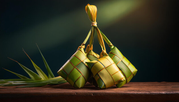 ketupat on wooden table with black background