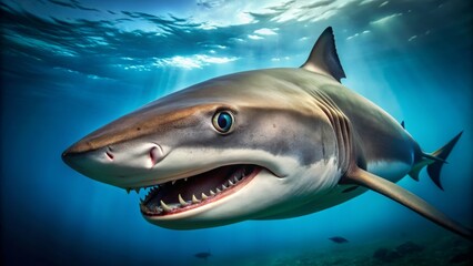 The bronze whaler shark's piercing gaze cuts through the dark waters, its rows of sharp teeth and powerful