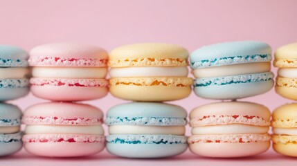 Fototapeta premium Close-up of pastel-colored macarons arranged in a neat stack on a pastel background.