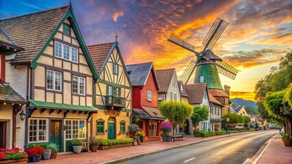 The charming street winds through Solvang's historic Danish village, flanked by colorful buildings and whimsical