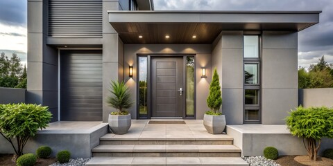 Obraz premium The entrance to the modern house is defined by a sleek gray door, adorned with high-quality metal hardware