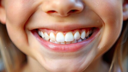 Closeup of smiling childs mouth, showing white teeth.