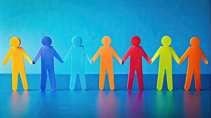 Seven paper figures holding hands, different colors, blue background.