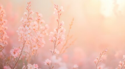 Pink Flowers Bloom in Soft Sunlight, Delicate Petals with a Gentle Breeze, \