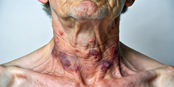 The neck's skin, once smooth, now bears the imprint of violent force, with mottled bruising and pronounced veins.