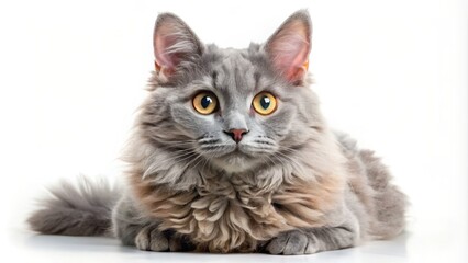 Obraz premium The silvery-blue feline sits elegantly on a crisp white background, its curly locks glistening as large eyes sparkle