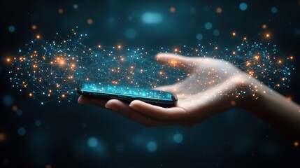 Hand Holding Smartphone with Digital Network Visualization