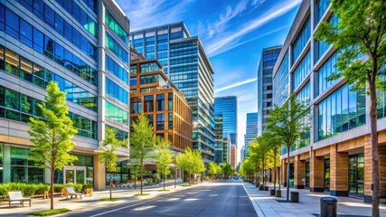 A vibrant city street with beautifully designed modern architecture, clean lines, and landscaped public spaces, set against a clear blue sky.