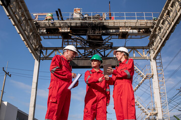 Dockworkers or engineer in protective uniforms standing near large industrial crane structure...