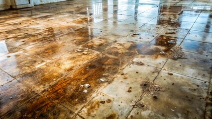 The worn-out floor reveals a tale of neglect and disuse, with dusty footprints and scraps of trash marring