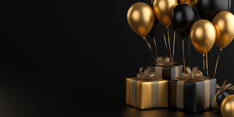 Black and gold balloons floating above gift boxes with golden ribbon on black background