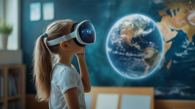 Schoolgirl exploring earth with virtual reality headset in classroom
