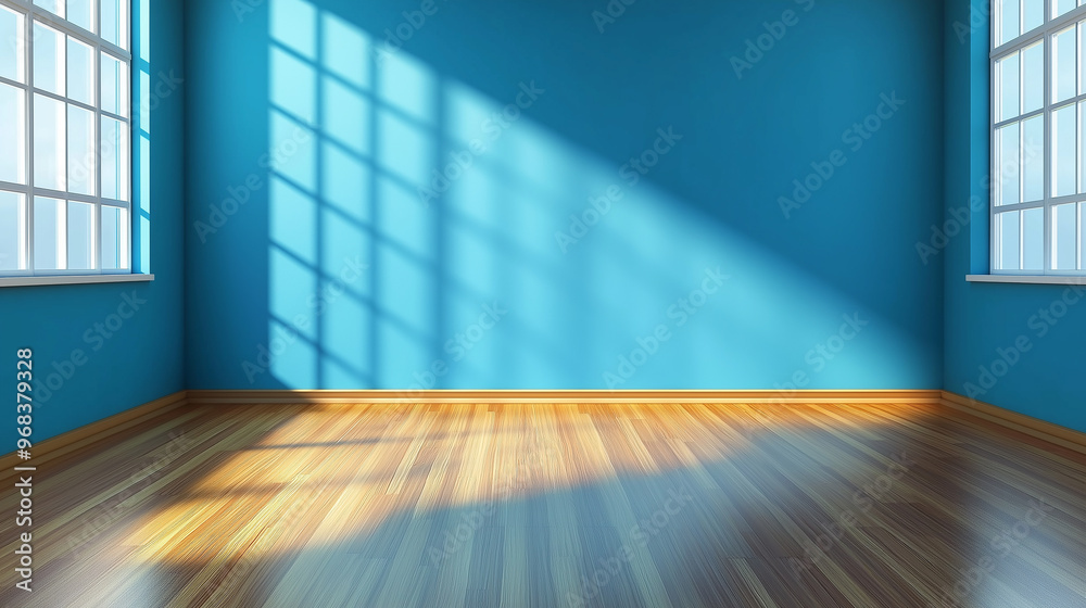 Poster empty room with blue walls and sunlight casting shadows from windows