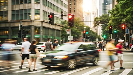 Obraz premium Traffic lights on a corner of a bustling city street, with pedestrians crossing and cars stopped at a red light, capturing a dynamic urban scene