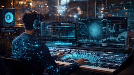 Music producer wearing headphones is composing music using a digital audio workstation and music production software