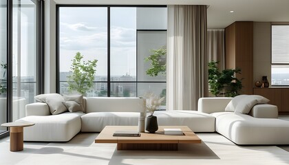 Contemporary living room design featuring a stylish sofa, elegant coffee table, and expansive panoramic window in soothing white tones