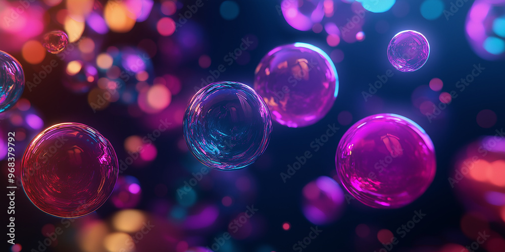 Aufkleber colorful neon bubbles floating on dark background with bokeh
