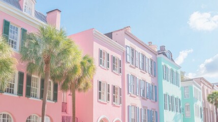 Naklejka premium Pastel-colored architecture with light pink and mint green buildings in a quaint neighborhood.