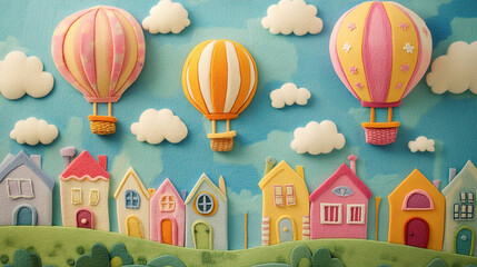 3D wall hot air balloon flying in the sky