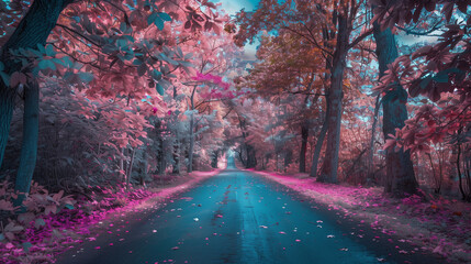 pink leaves on trees with road leading through 