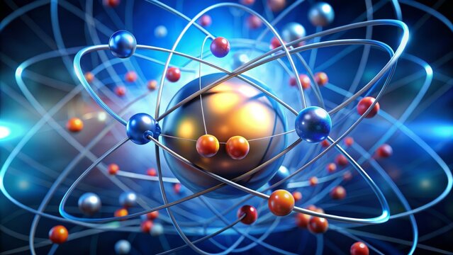 Tiny electrons revolve around a dense nucleus, responding to electromagnetic forces, forming a swirling pattern of