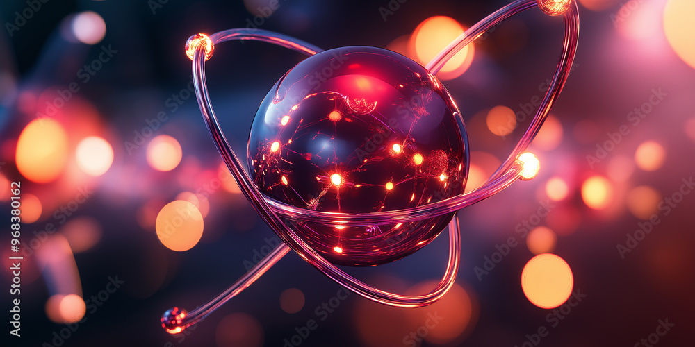 Leinwandbilder atom particle orbiting nucleus glowing energy science model