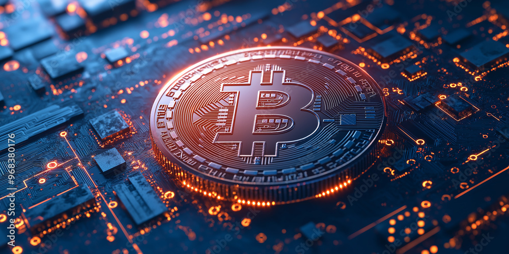 Poster bitcoin cryptocurrency coin lying on computer motherboard
