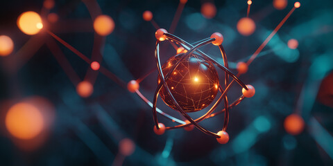 Atom surrounded by other atoms is glowing and connecting with lines of energy