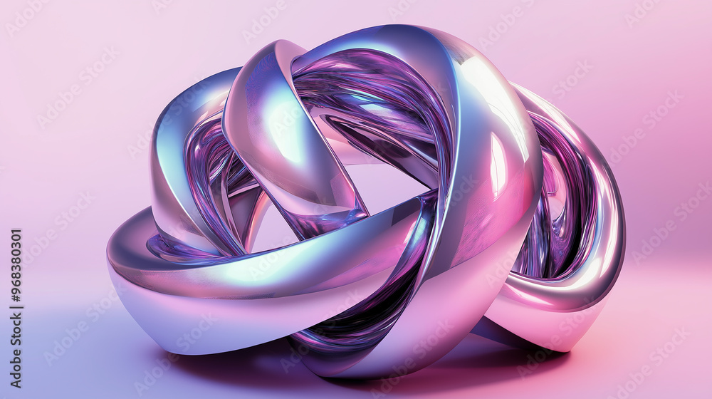 Poster Abstract chrome shape intertwining on pink background