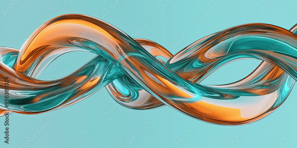Poster abstract orange and teal intertwined shapes forming a wave on turquoise background