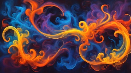 Abstract swirling blue, orange, and yellow smoke pattern on dark background.