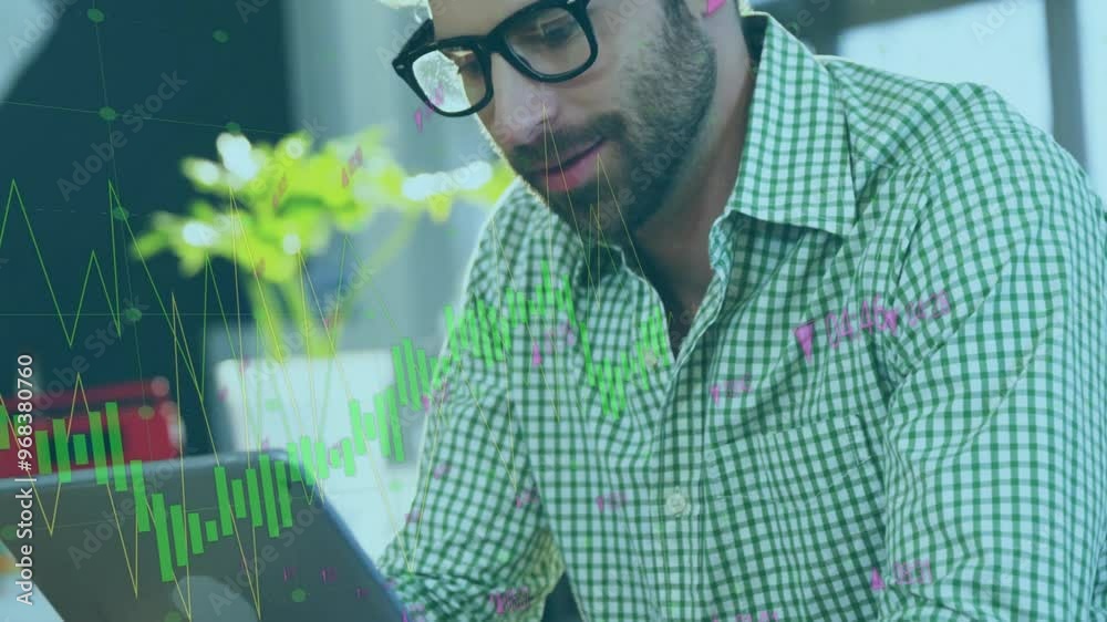 Poster animation of data processing and diagrams over caucasian man using tablet
