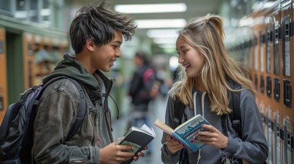 Fototapeta premium Two happy students engaging in conversation in school hallway while holding books and standing near lockers.