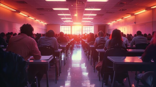 Students in a classroom during an exam at sunset. Rows of desks with focused individuals in a warmly lit room.