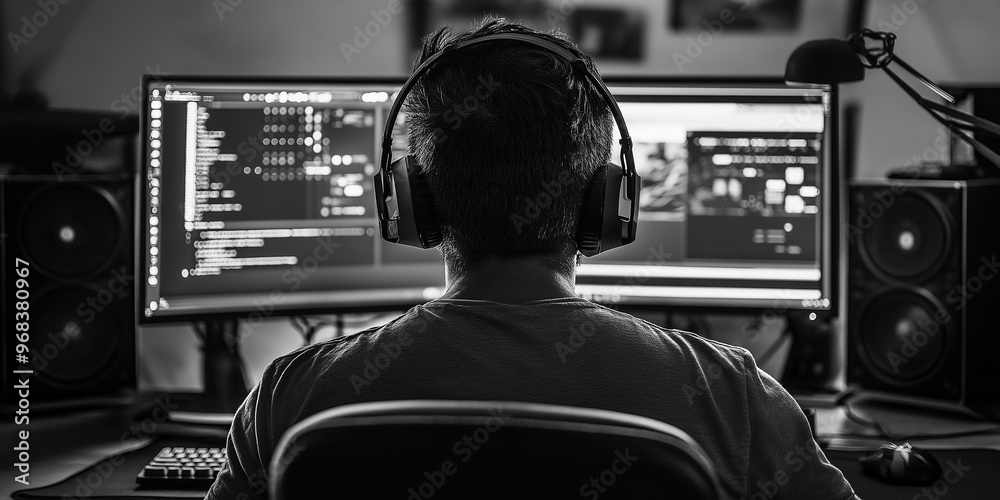 Poster Computer programmer working at home office with dual monitors in black and white