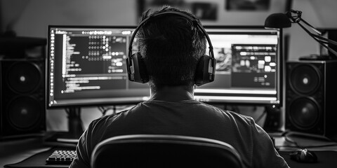 Computer programmer working at home office with dual monitors in black and white