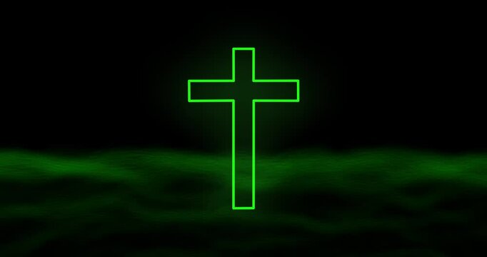 Revealing green cross on black background with wavy particles . Salvation, truth and atonement from sins, Christianity and Holy Spirit 
