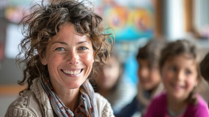 Fototapeta premium Smiling teacher with curly hair in a classroom setting, surrounded by happy students, creating a positive learning environment.