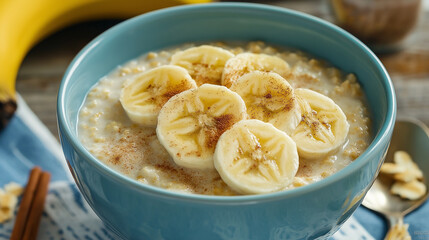 Oatmeal porridge with banana slices and cinnamon being sprinkled on top