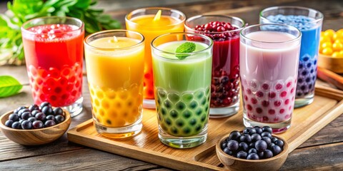 Vibrant colors dance in the drink as tapioca pearls suspend in a sweet, comforting beverage, an invigorating treat